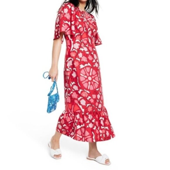 RHODE Dresses & Skirts - Rhode Zinnia Floral Red Bell Sleeve Midi Ruffle Dress NWT